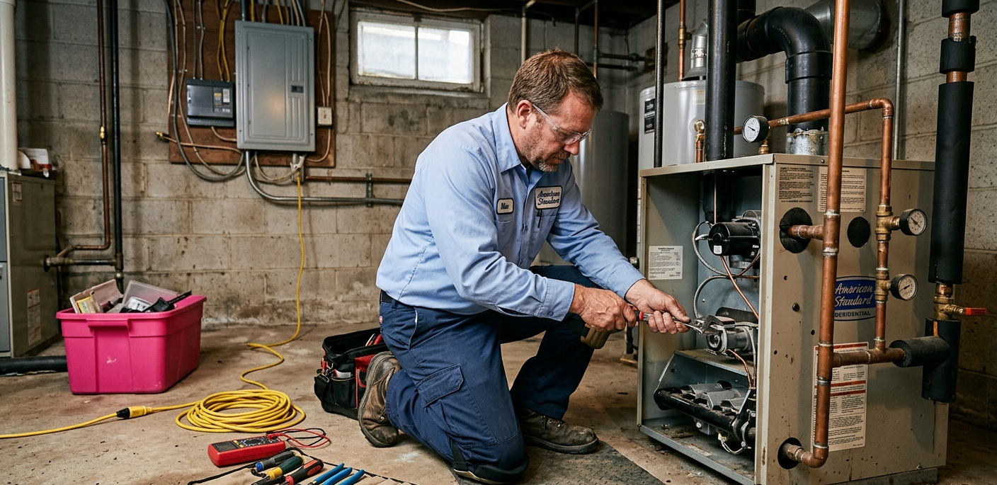 A plumber Fixing the water heater in residential home in smithtown, NY